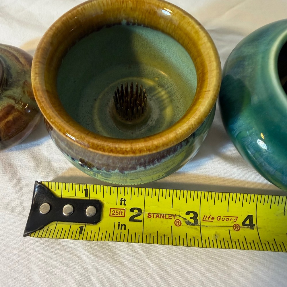 Set of 3 Studio Ikebana Pottery Flower Frog Bowls Maine Made Signed Green - Picture 9 of 10